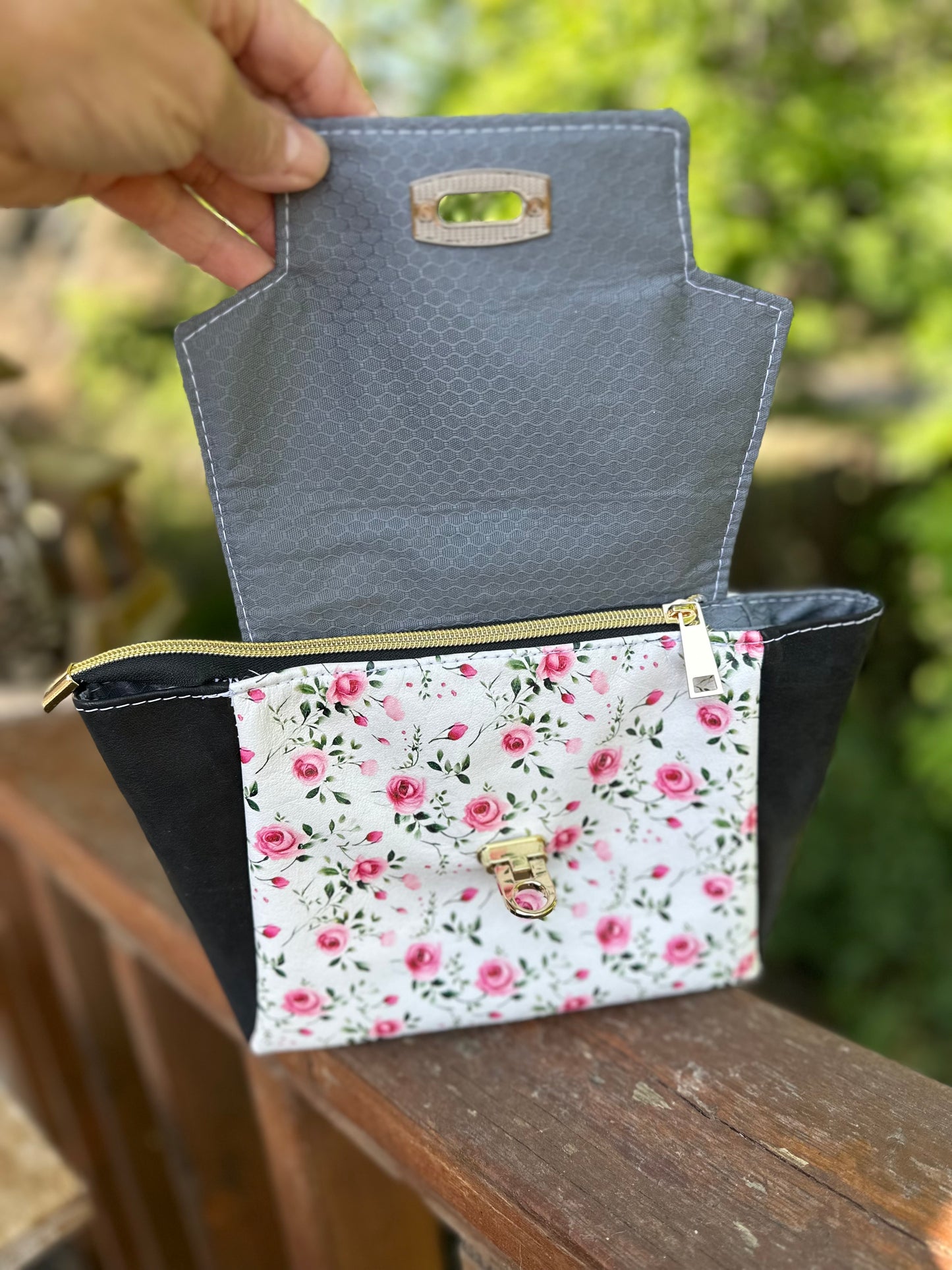 Compact All Leather Floral Purse