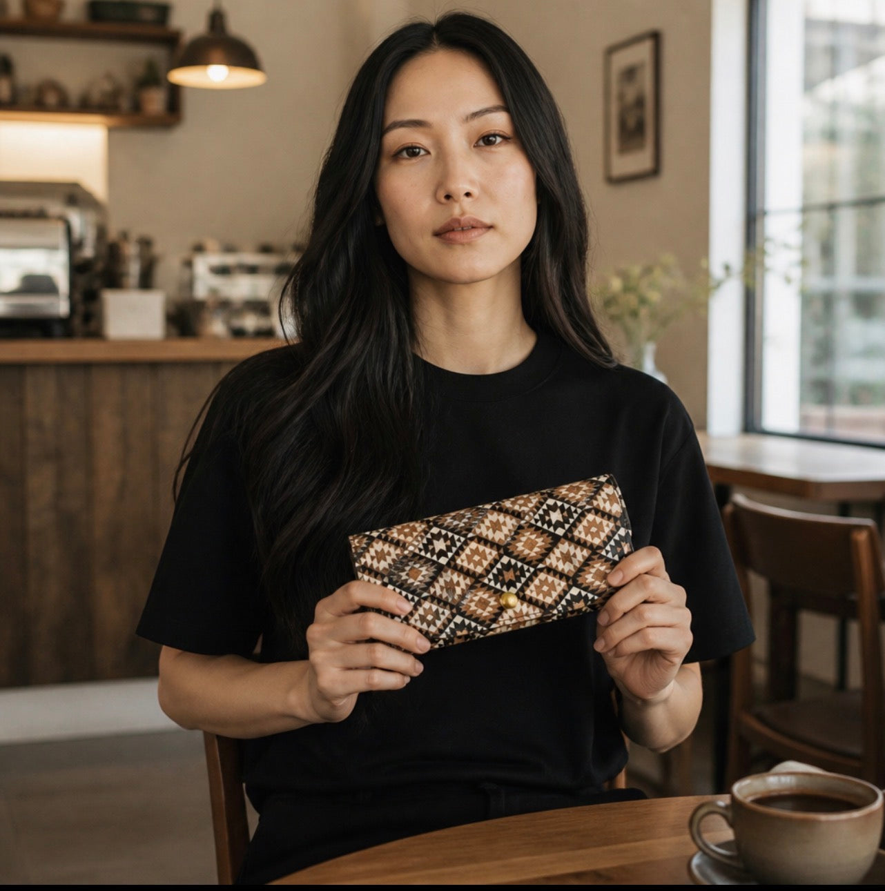 A woman in a black t-shirt holds a patterned cork wallet with a gold clasp in a cafe setting.