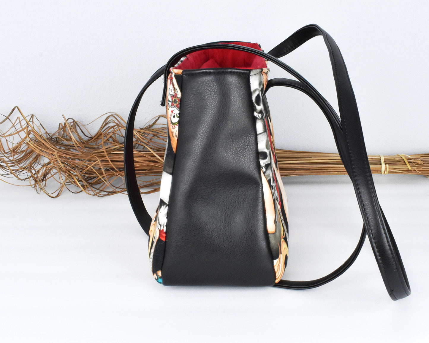 Women's Shoulder Bag - Ladies Tote Bag - Faux Leather Cotton - Gift for Traveler - Christmas Gift - Edgy Satchel - Día de Muertos - Fun