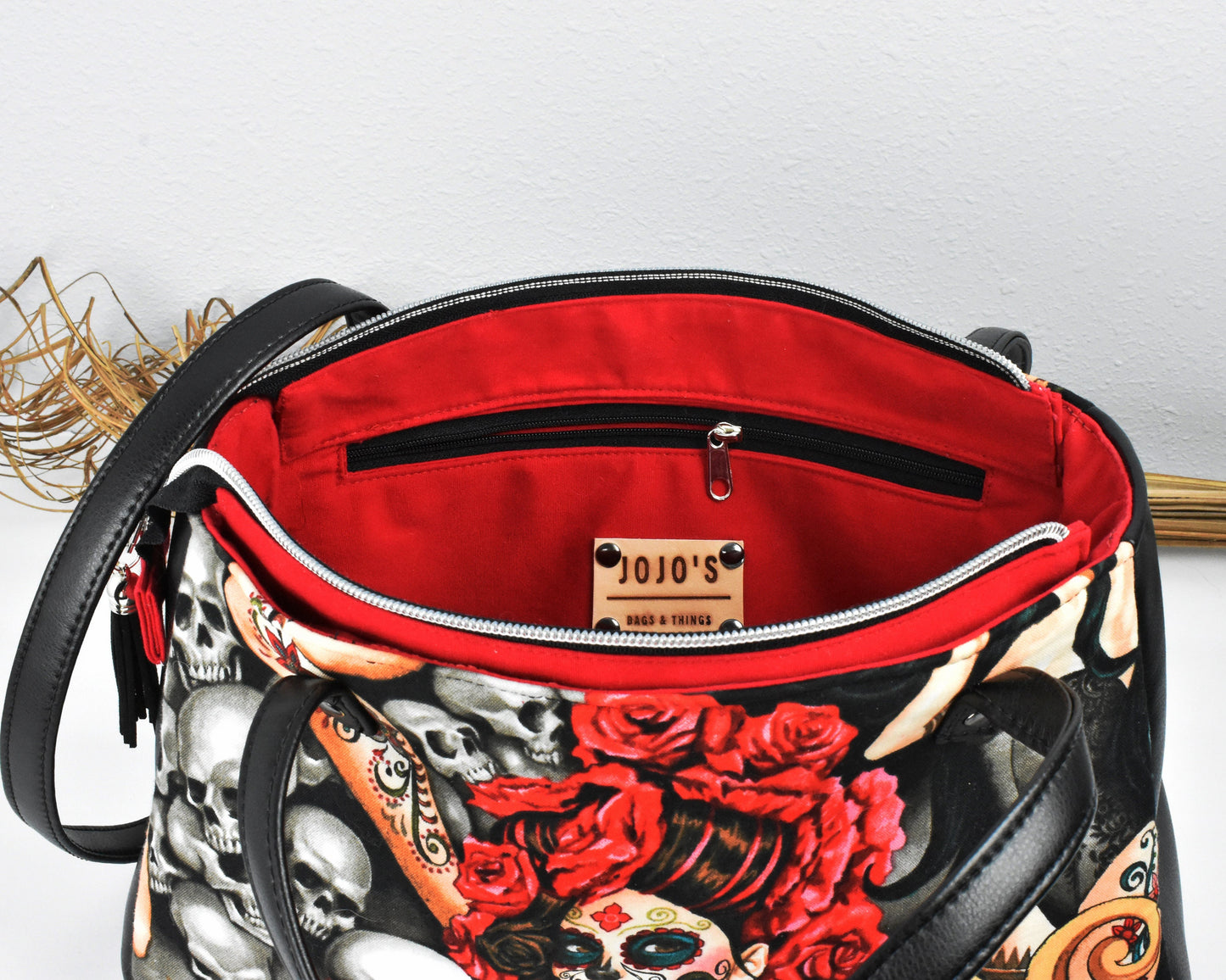 Women's Shoulder Bag - Ladies Tote Bag - Faux Leather Cotton - Gift for Traveler - Christmas Gift - Edgy Satchel - Día de Muertos - Fun