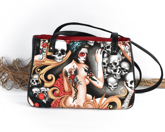 Women's Shoulder Bag - Ladies Tote Bag - Faux Leather Cotton - Gift for Traveler - Christmas Gift - Edgy Satchel - Día de Muertos - Fun