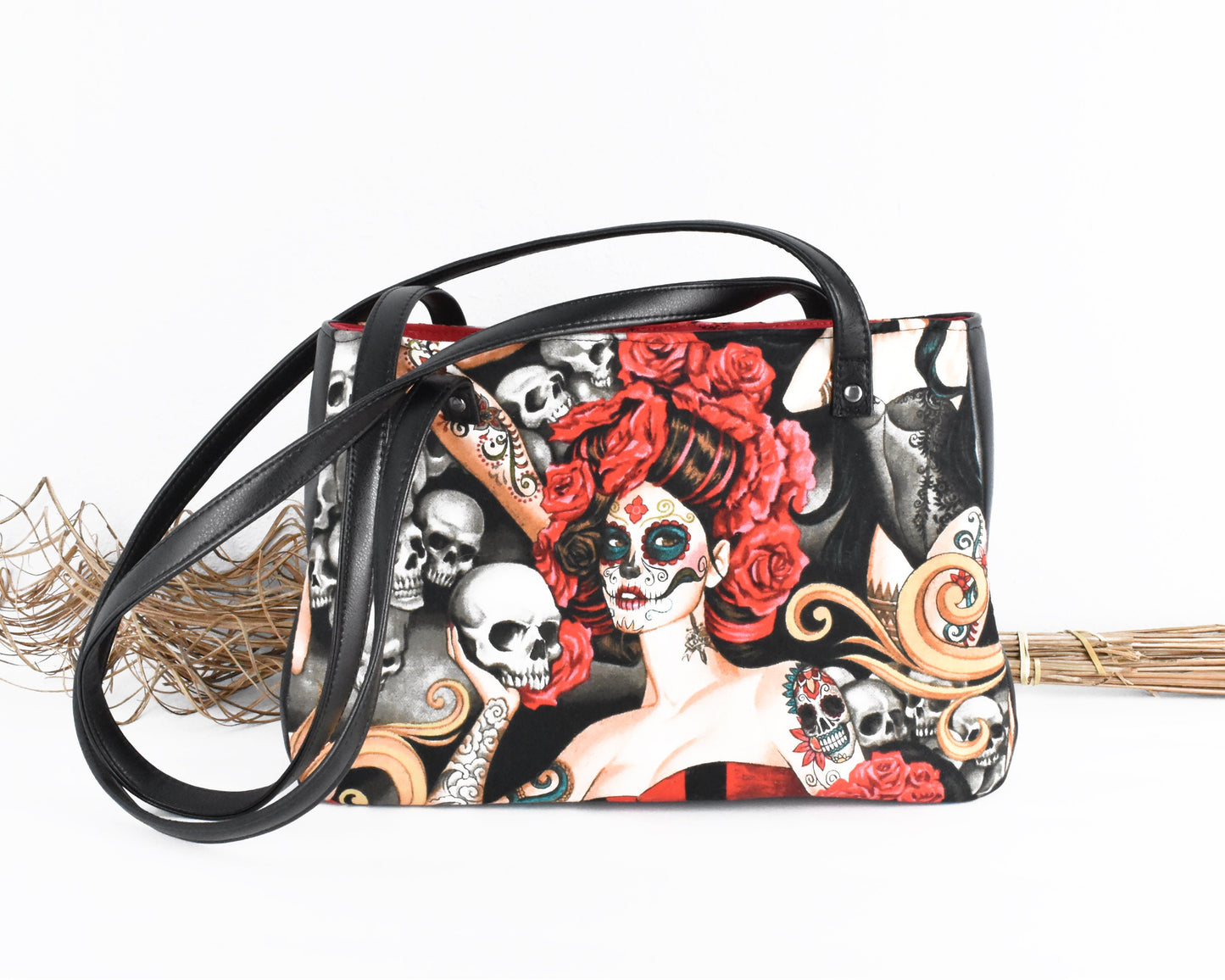 Women's Shoulder Bag - Ladies Tote Bag - Faux Leather Cotton - Gift for Traveler - Christmas Gift - Edgy Satchel - Día de Muertos - Fun
