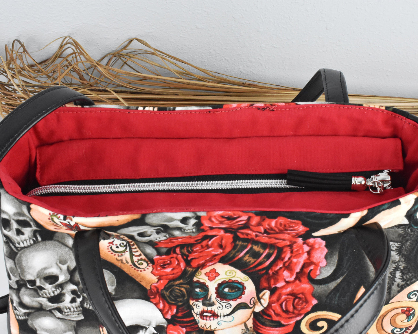 Women's Shoulder Bag - Ladies Tote Bag - Faux Leather Cotton - Gift for Traveler - Christmas Gift - Edgy Satchel - Día de Muertos - Fun