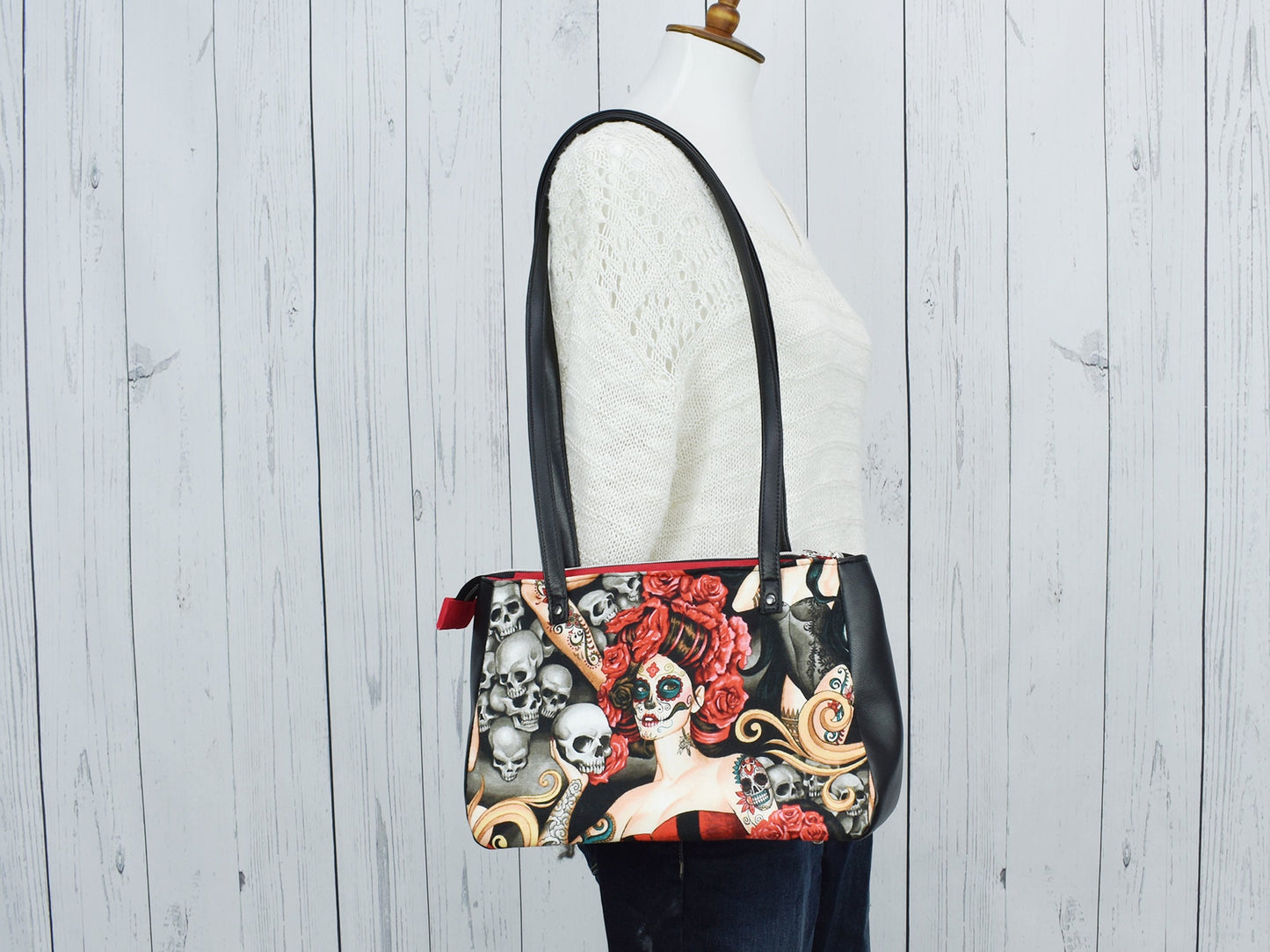 Women's Shoulder Bag - Ladies Tote Bag - Faux Leather Cotton - Gift for Traveler - Christmas Gift - Edgy Satchel - Día de Muertos - Fun