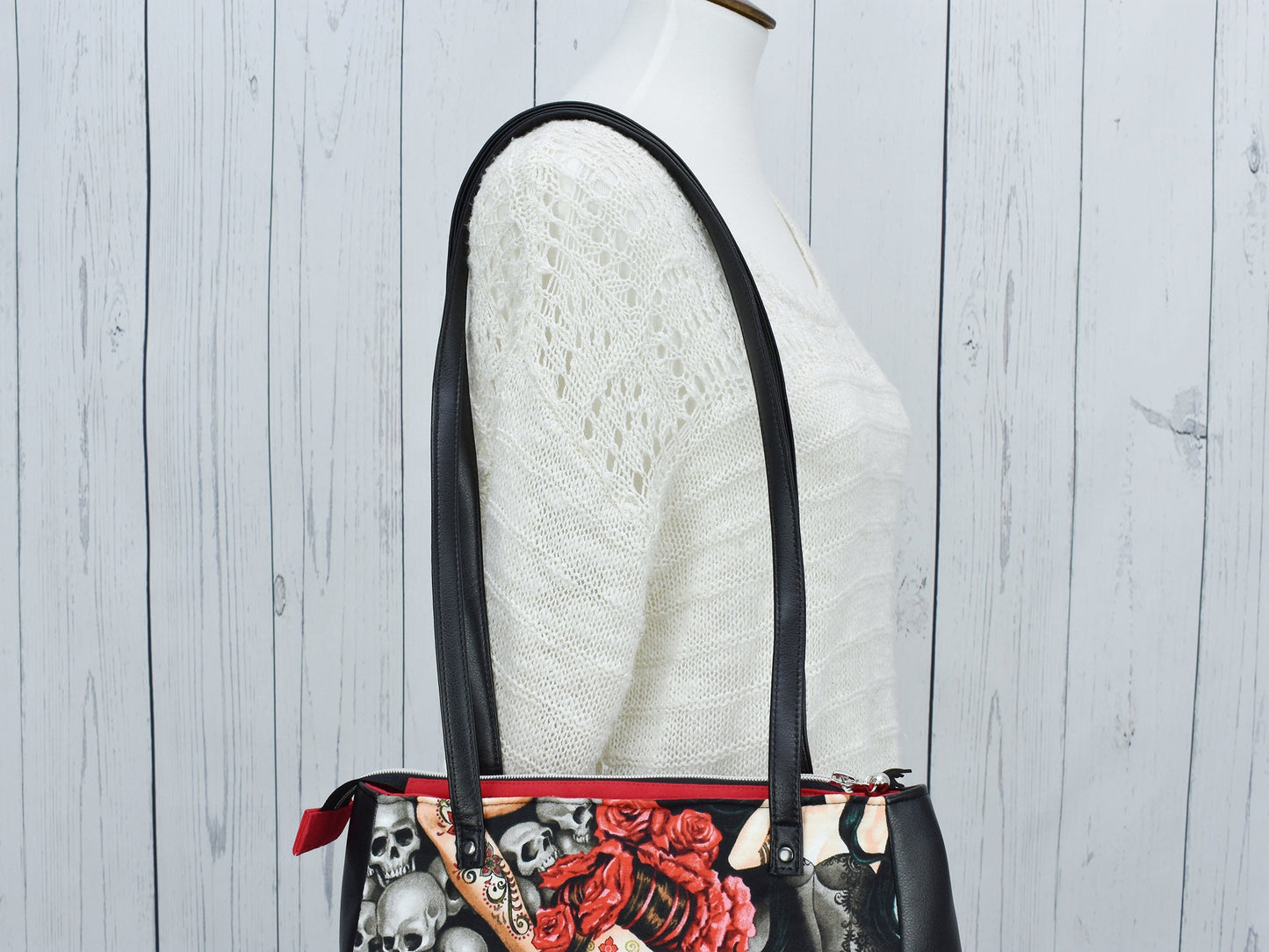 Women's Shoulder Bag - Ladies Tote Bag - Faux Leather Cotton - Gift for Traveler - Christmas Gift - Edgy Satchel - Día de Muertos - Fun