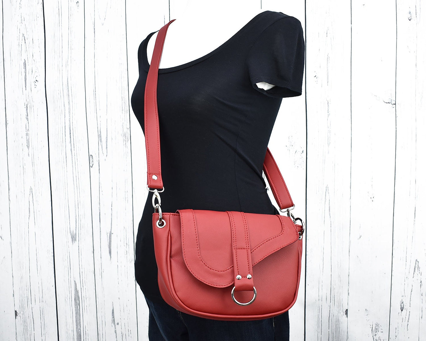 Faux Leather Ladies Satchel - Red Crossbody Purse - Gift for Mom or Lady - Handmade Hand Bag - Bobo Minimalist - Stylish - Vegan Eco Friend