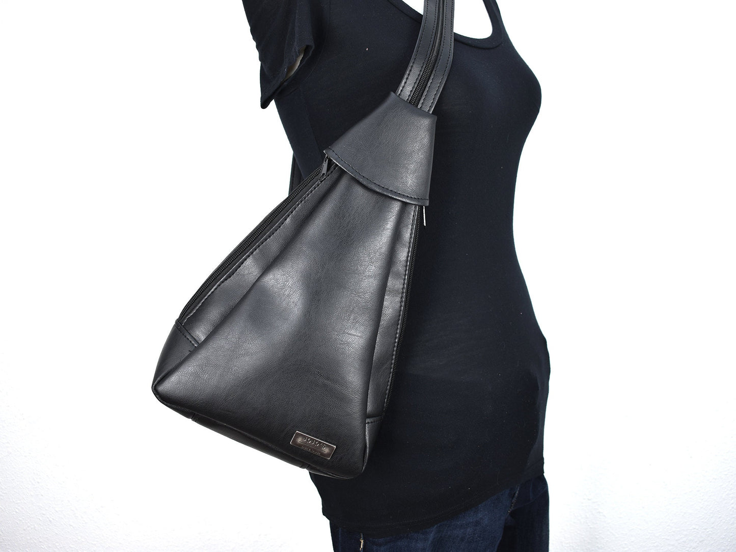 Crossbody Sling Backpack Style Purse - Women's Vegan Leather Zippered Bag - Small Mini Black Back Pack - Convertible Straps - Boho Style