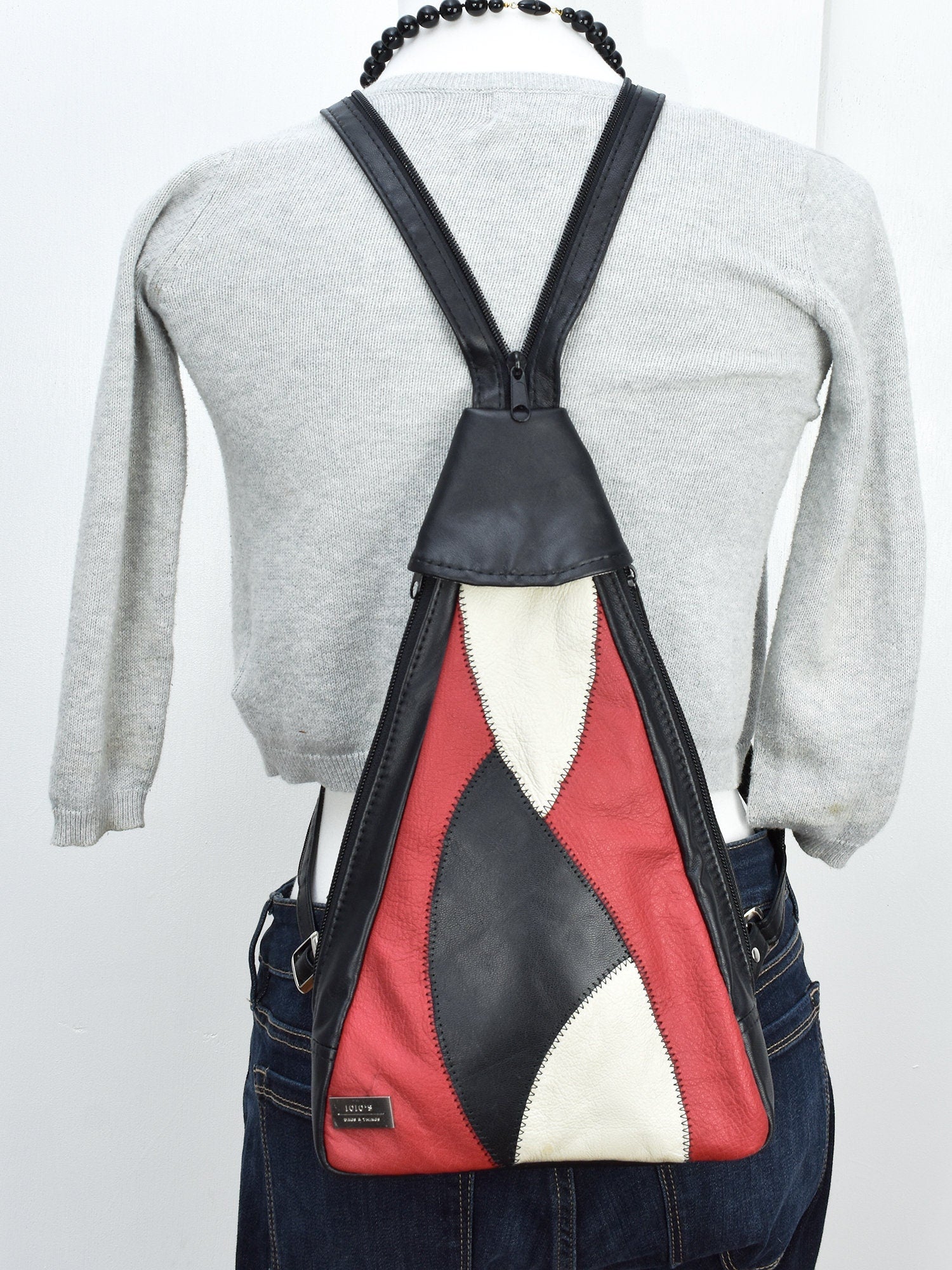 Sling Backpack Style Purse - Women's Crossbody Leather Zippered Bag - Small Black Back Pack - Convertible Straps - Boho Style - Patchwork