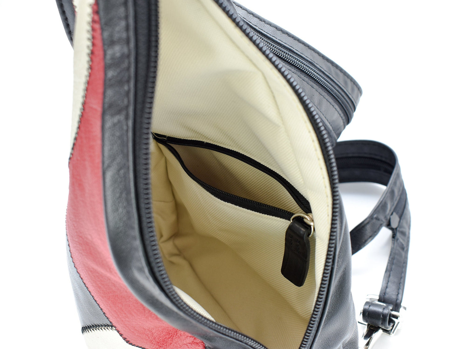 Sling Backpack Style Purse - Women's Crossbody Leather Zippered Bag - Small Black Back Pack - Convertible Straps - Boho Style - Patchwork