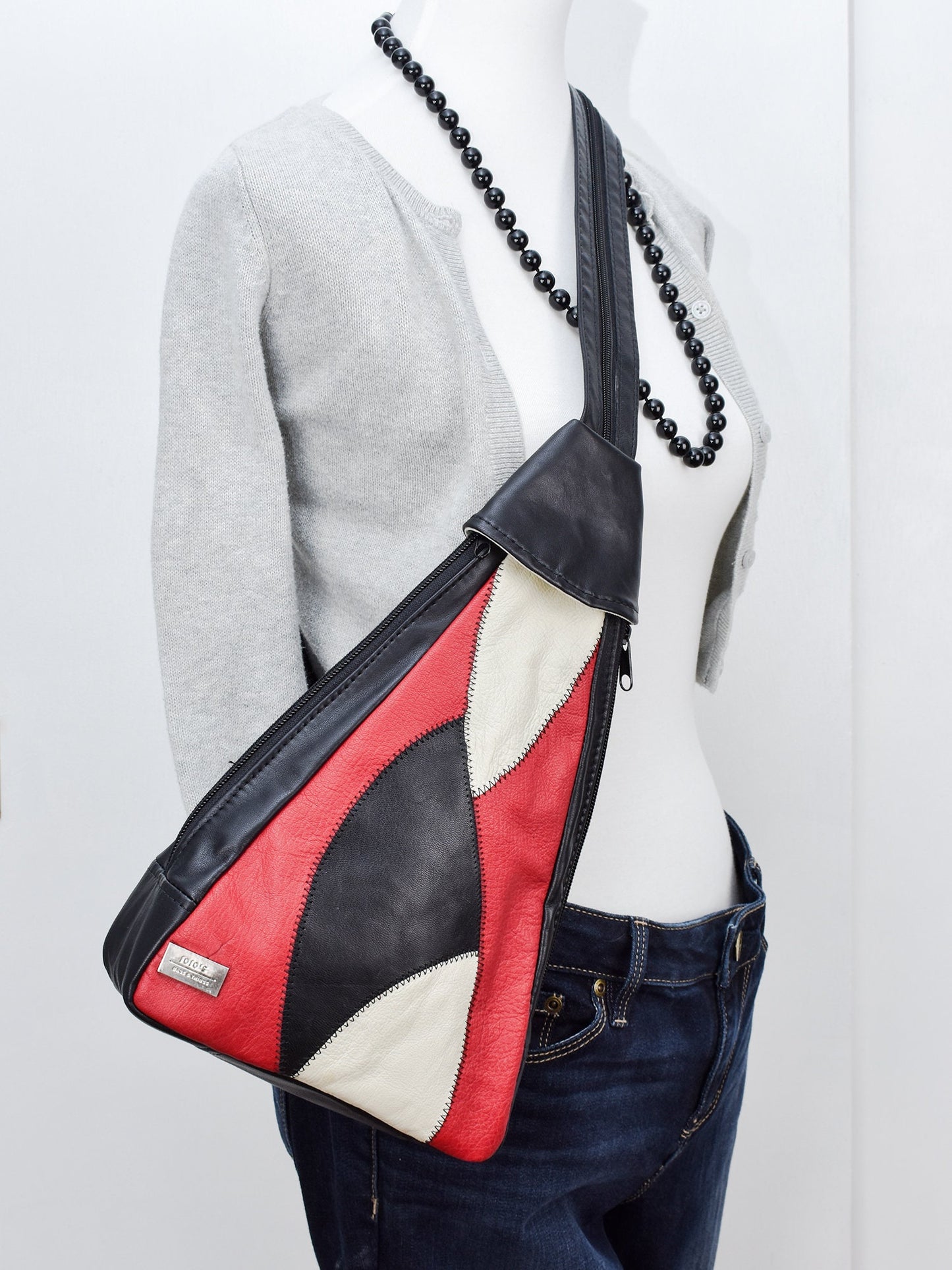 Sling Backpack Style Purse - Women's Crossbody Leather Zippered Bag - Small Black Back Pack - Convertible Straps - Boho Style - Patchwork
