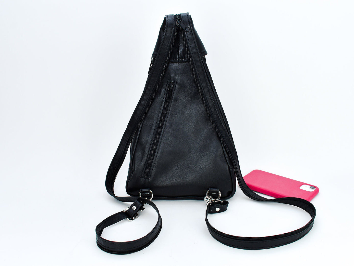 Sling Backpack Style Purse - Women's Crossbody Leather Zippered Bag - Small Black Back Pack - Convertible Straps - Boho Style - Patchwork