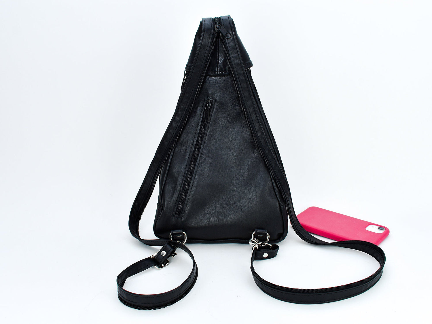 Sling Backpack Style Purse - Women's Crossbody Leather Zippered Bag - Small Black Back Pack - Convertible Straps - Boho Style - Patchwork