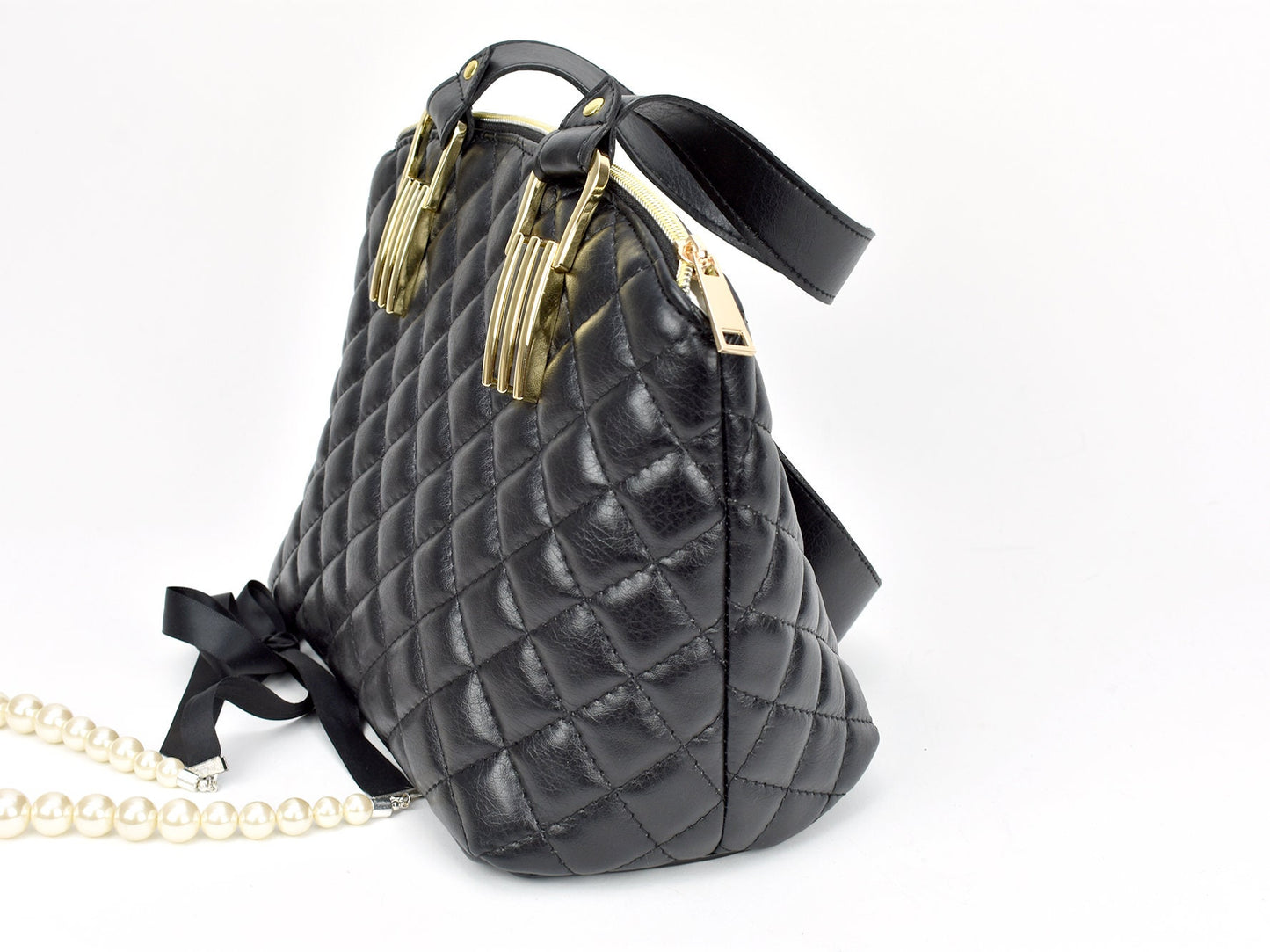 Classic Black Purse - Domed Handbag - Quilted Faux Leather - Stylish Ladies Purse - Gift for Mom