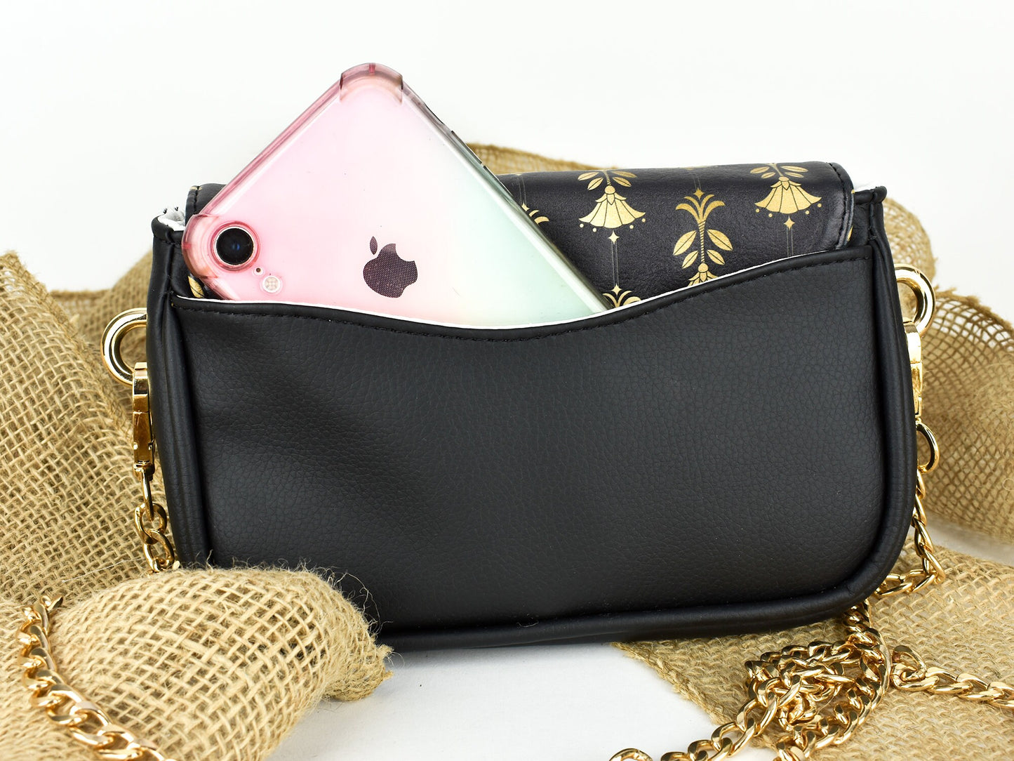 Classy Crossbody Purse - Elegant Cluch Purse - Gold and Black - Gold Metal Strap for Shoulder Bag