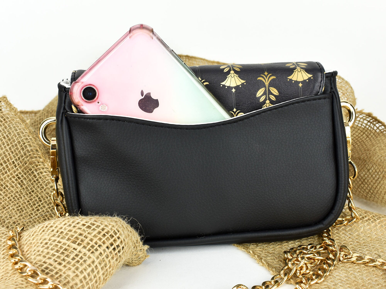Classy Crossbody Purse - Elegant Cluch Purse - Gold and Black - Gold Metal Strap for Shoulder Bag