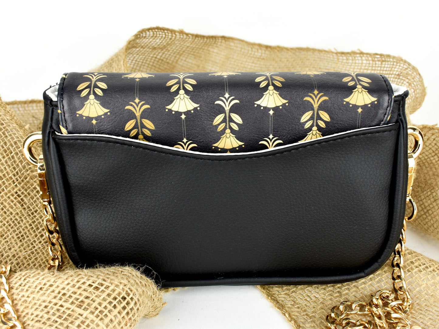Classy Crossbody Purse - Elegant Cluch Purse - Gold and Black - Gold Metal Strap for Shoulder Bag