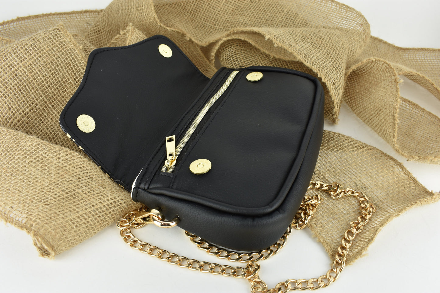 Classy Crossbody Purse - Elegant Cluch Purse - Gold and Black - Gold Metal Strap for Shoulder Bag