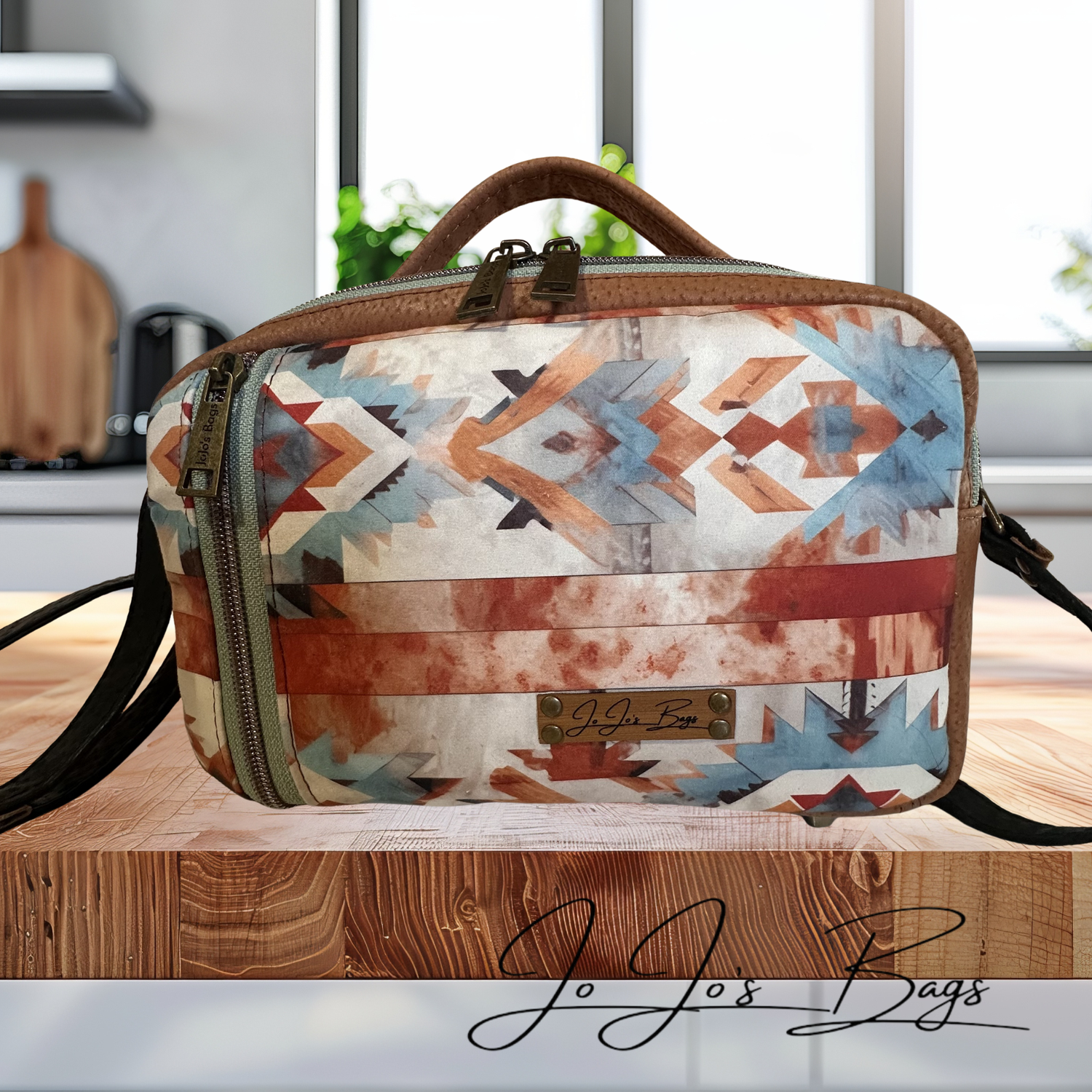 A rectangular zippered bag with a Southwestern geometric pattern in blue, orange, brown, and cream, featuring a brown leather top handle and shoulder strap, displayed on a wooden cutting board in a kitchen setting.