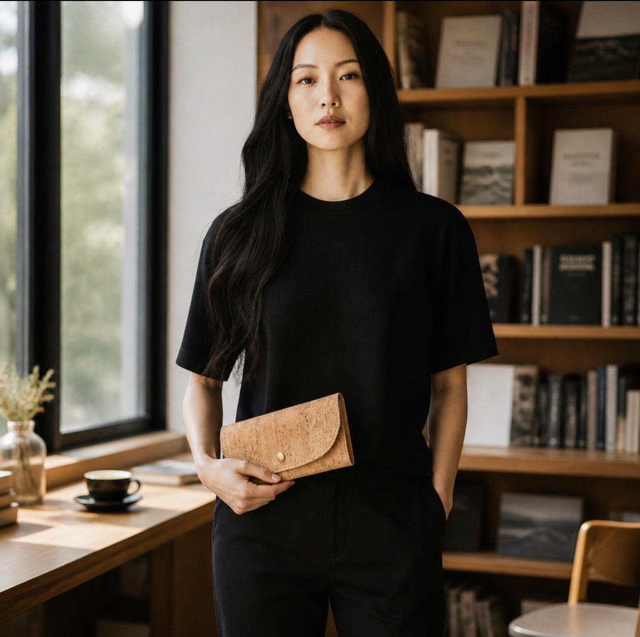 A woman with long black hair stands in a softly lit indoor setting with bookshelves and a window in the background, wearing a black short-sleeve top and black bottoms while holding a tan cork wallet with a small gold clasp.