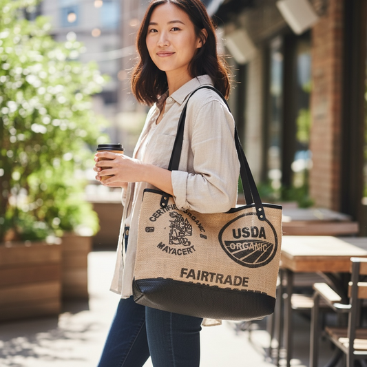 Vintage burlap and leather Tote