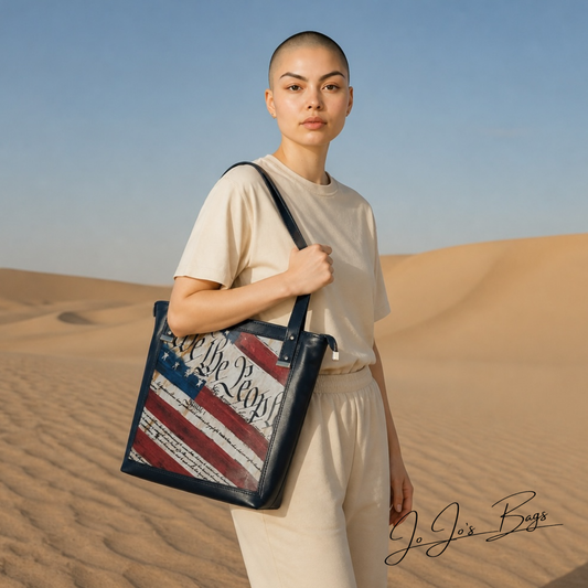 A model stands in a desert dune wearing a beige t-shirt and matching pants, carrying a blue tote bag with a distressed American flag print featuring the text 'We the People'. The brand name 'Jo Jo's Bags' is visible in the bottom right corner.