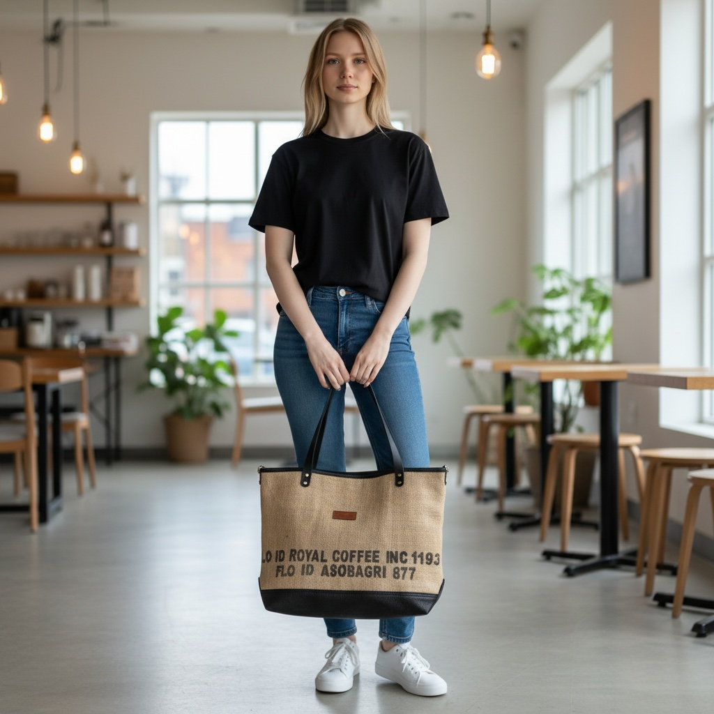Vintage burlap and leather Tote