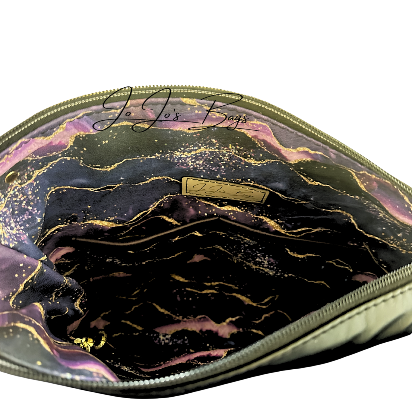 An open purse with a glossy marbled interior in black, purple, and pink with gold glitter-like veining, plus a small gold brand plaque and a gold zipper.