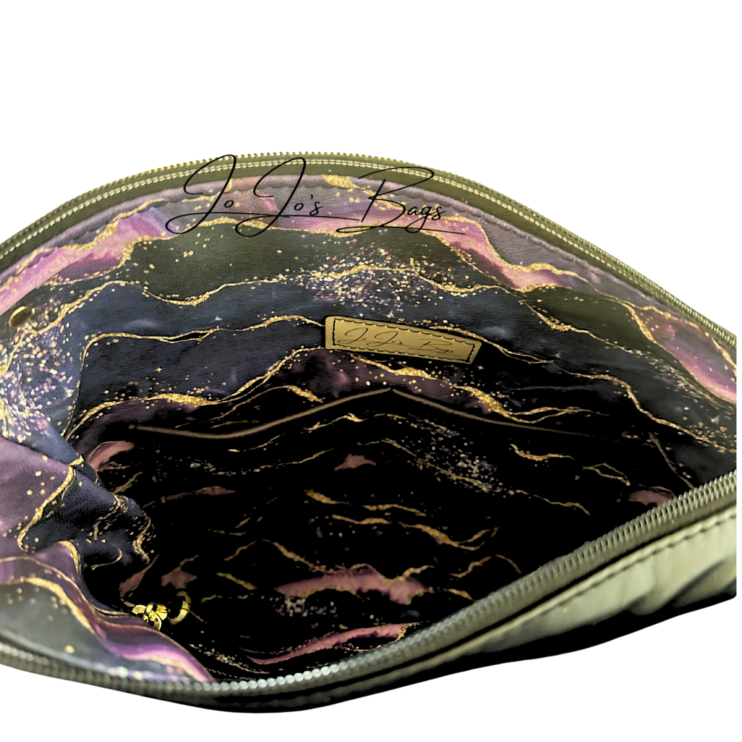 An open purse with a glossy marbled interior in black, purple, and pink with gold glitter-like veining, plus a small gold brand plaque and a gold zipper.