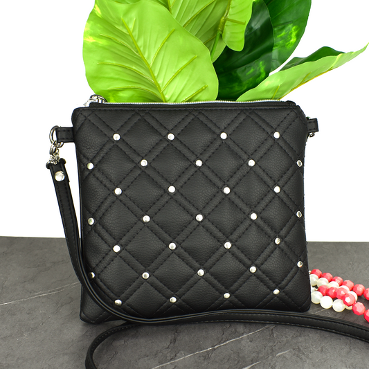 Crossbody Quilted Pouch Style Purse - Black White Silver Shoulder Bag