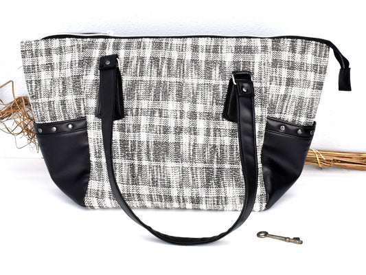 Women's Handbag - Modern Faux Leather Tote - Tweed Purse - Black and White Ladies Bag - Classic Styled Purse - Executive Carry All