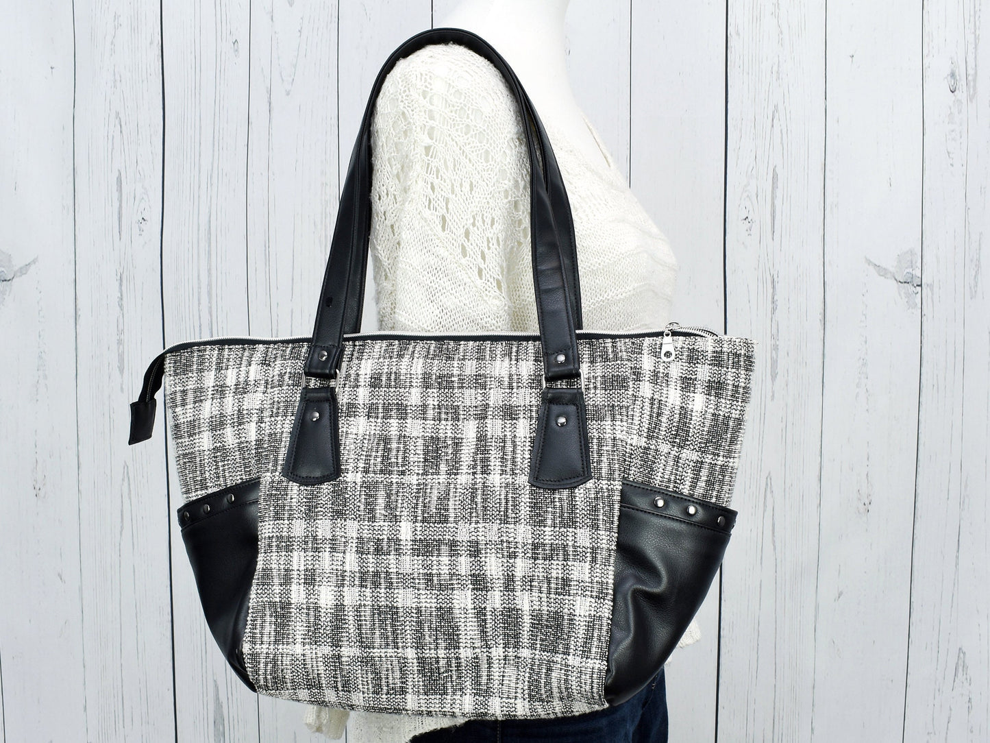 Women's Handbag - Modern Faux Leather Tote - Tweed Purse - Black and White Ladies Bag - Classic Styled Purse - Executive Carry All