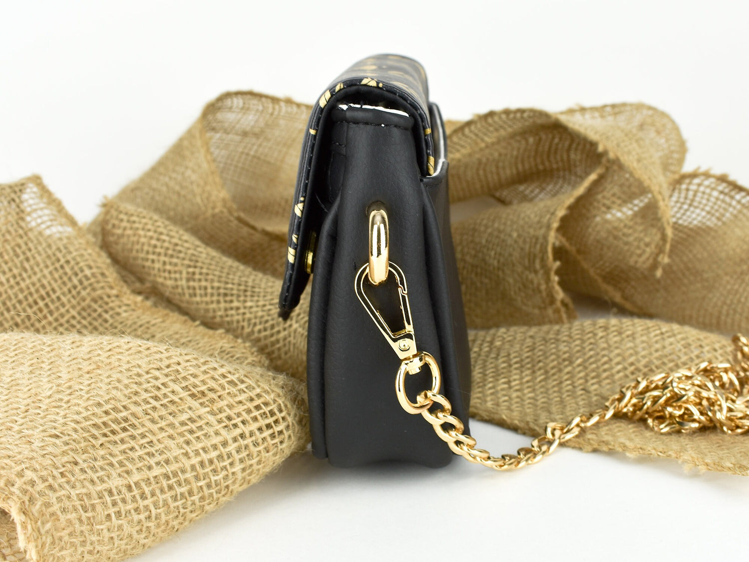 Classy Crossbody Purse - Elegant Cluch Purse - Gold and Black - Gold Metal Strap for Shoulder Bag