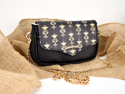 Classy Crossbody Purse - Elegant Cluch Purse - Gold and Black - Gold Metal Strap for Shoulder Bag